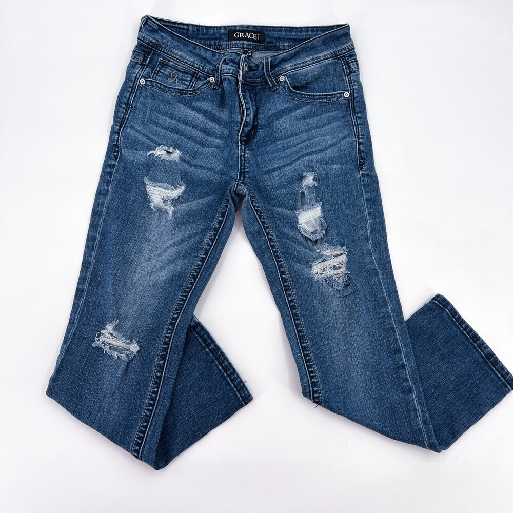 Grace in LA Jeans Womens 26 Blue Distressed Ripped Mid Rise Straight Crop Mid